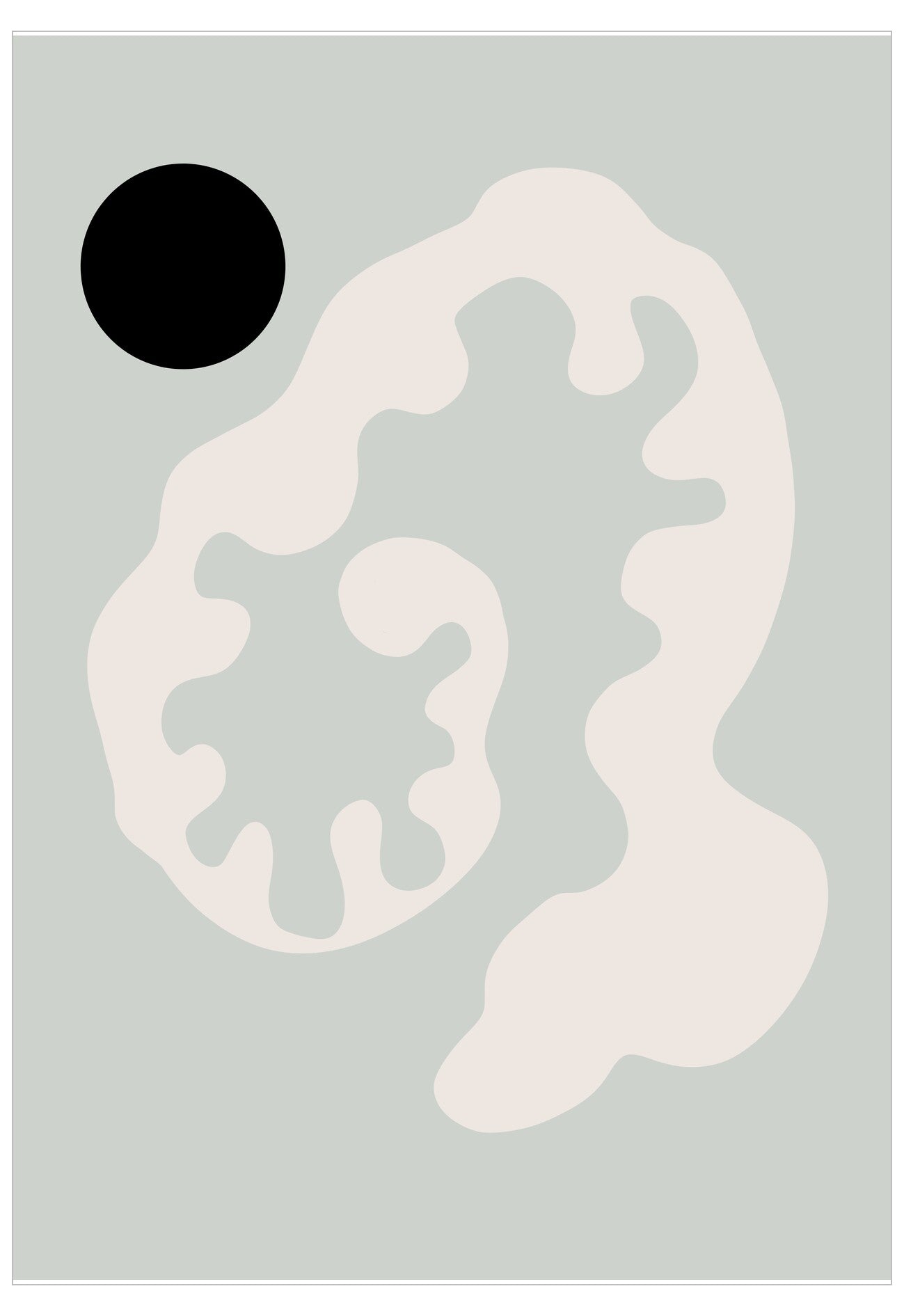 Abstract design with a black circle and white wavy shapes on a light gray background