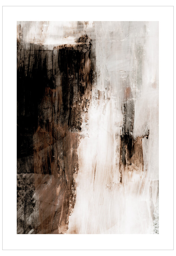 Abstract art print with brown, black, and white brush strokes on a white background