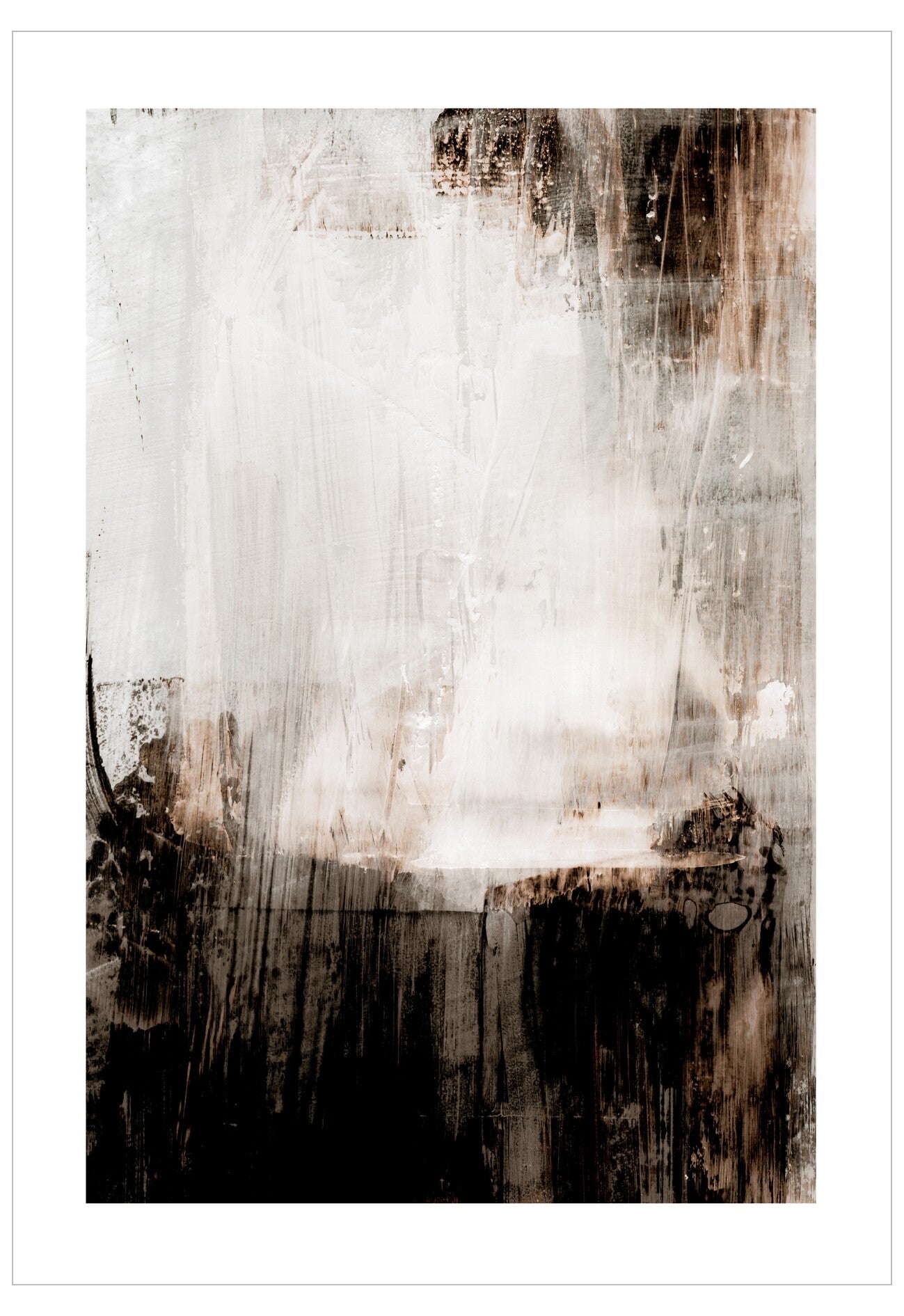 Abstract art with brown and white brush strokes on a white background
