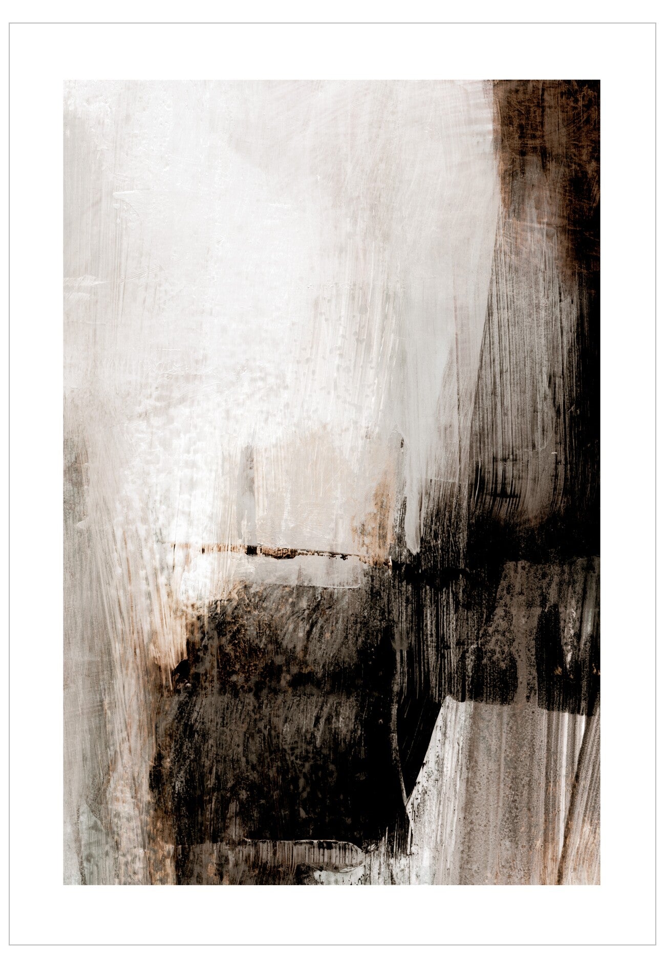 Abstract art with brown and white brush strokes on a white background