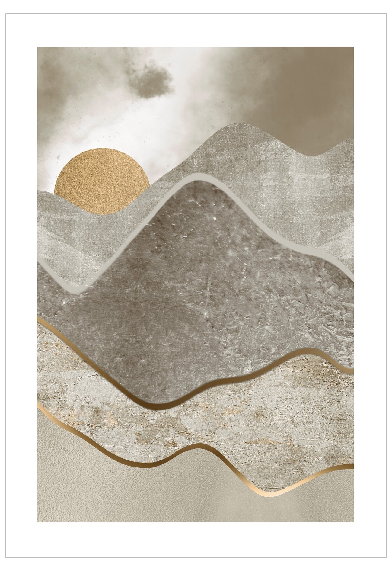 Abstract art print with wavy lines and a circular element on a textured background