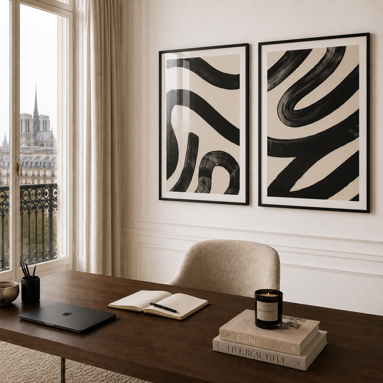 Modern office interior with abstract art on the wall, desk, and window view.