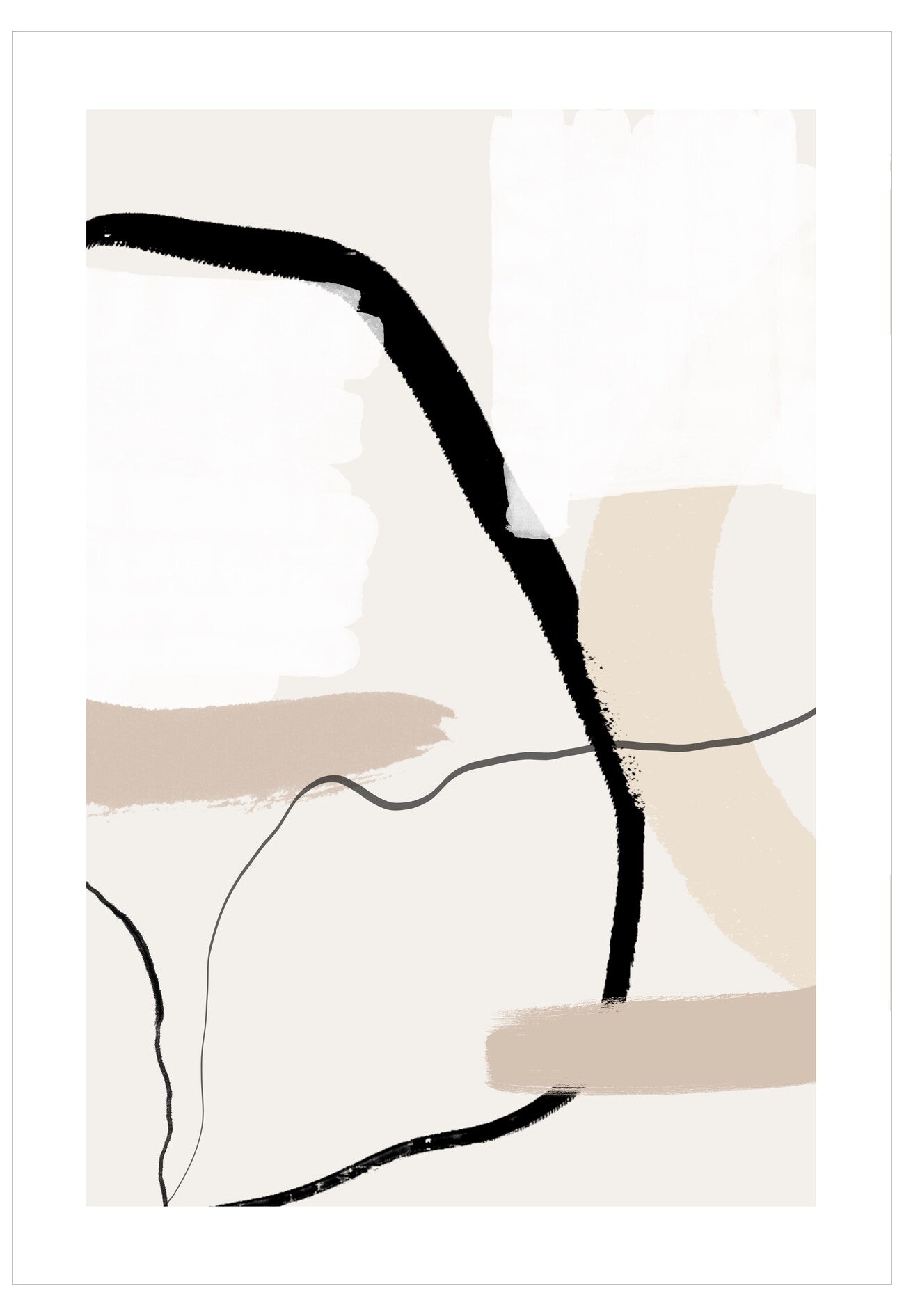 Abstract art print with black and beige shapes on a white background
