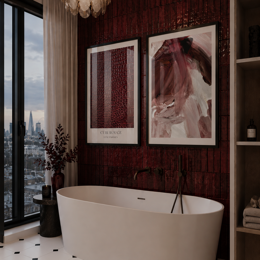 Modern bathroom with freestanding bathtub, framed artwork, and city view.
