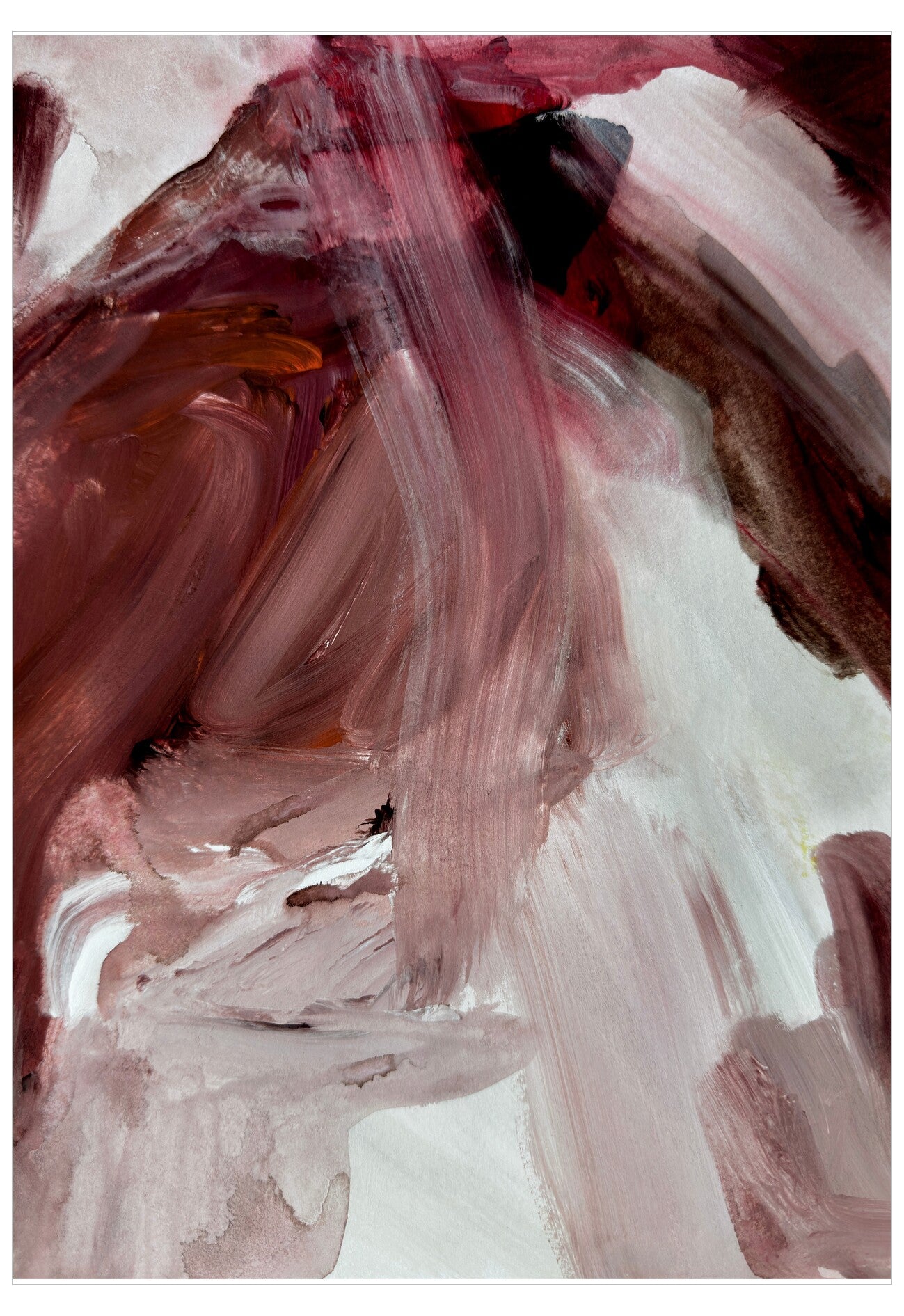 Abstract art with brush strokes in shades of pink, red, and white.