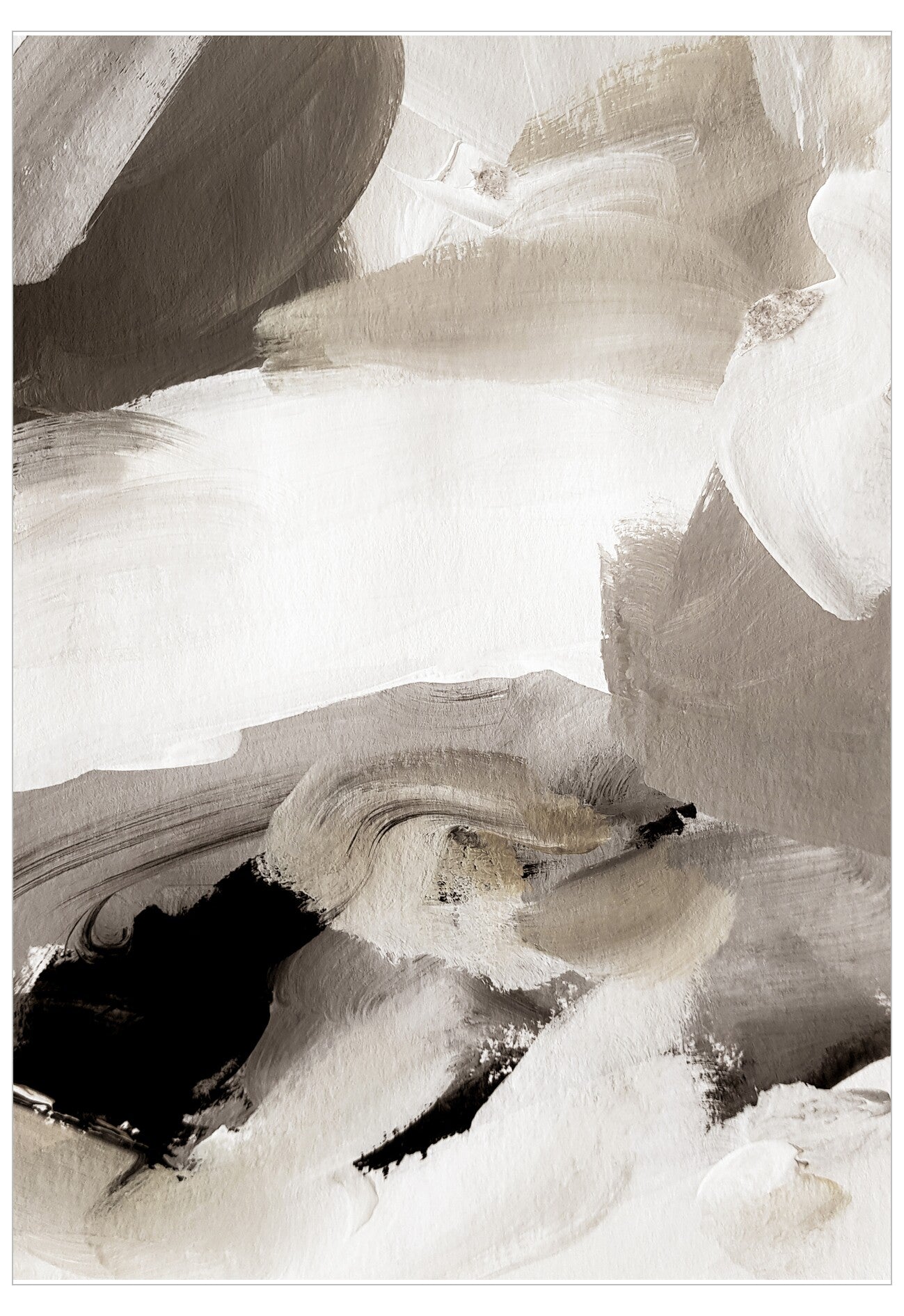 Abstract art piece with black, white, and gray brush strokes