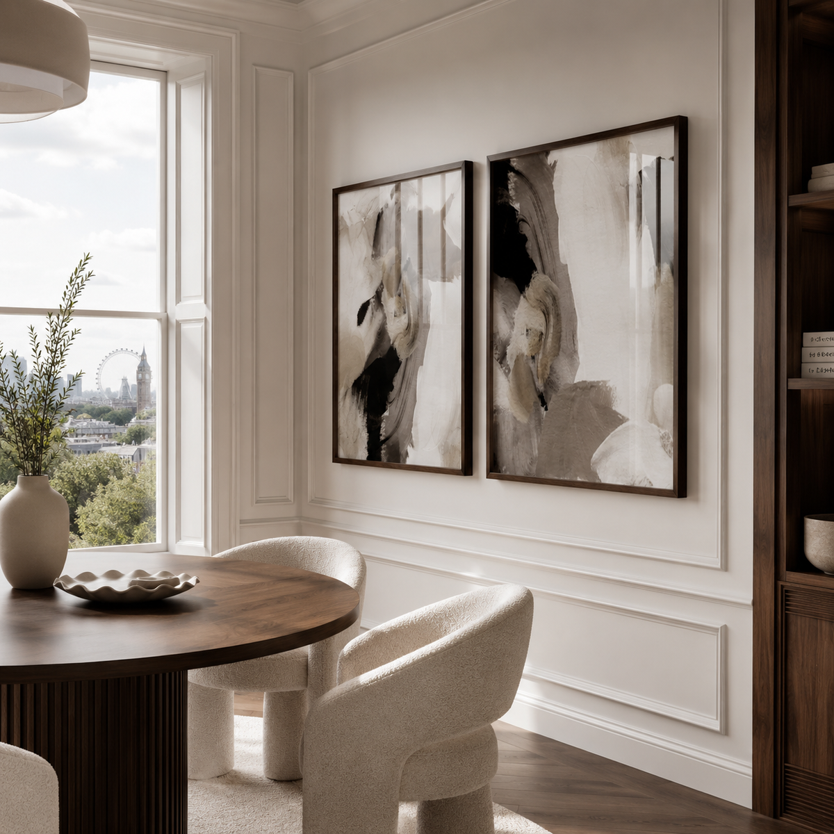 Modern dining room with abstract art on the wall