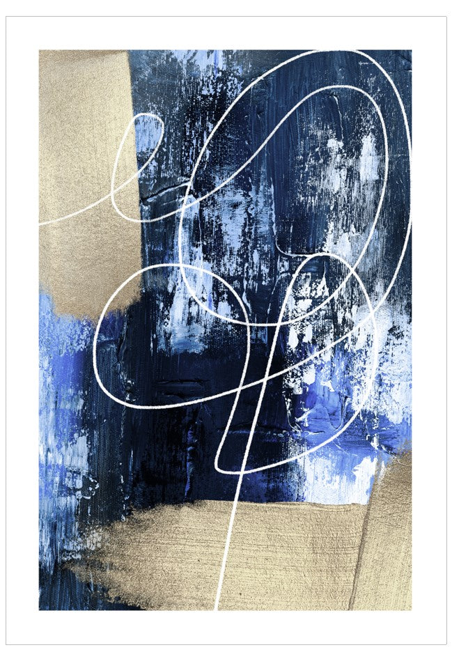 Abstract art piece with blue, white, and beige colors