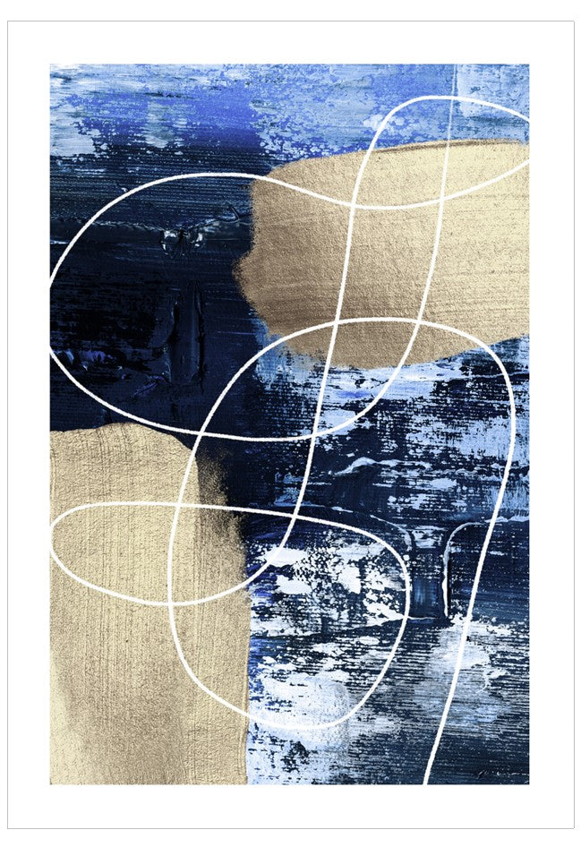 Abstract art print with blue, beige, and white colors on a textured background