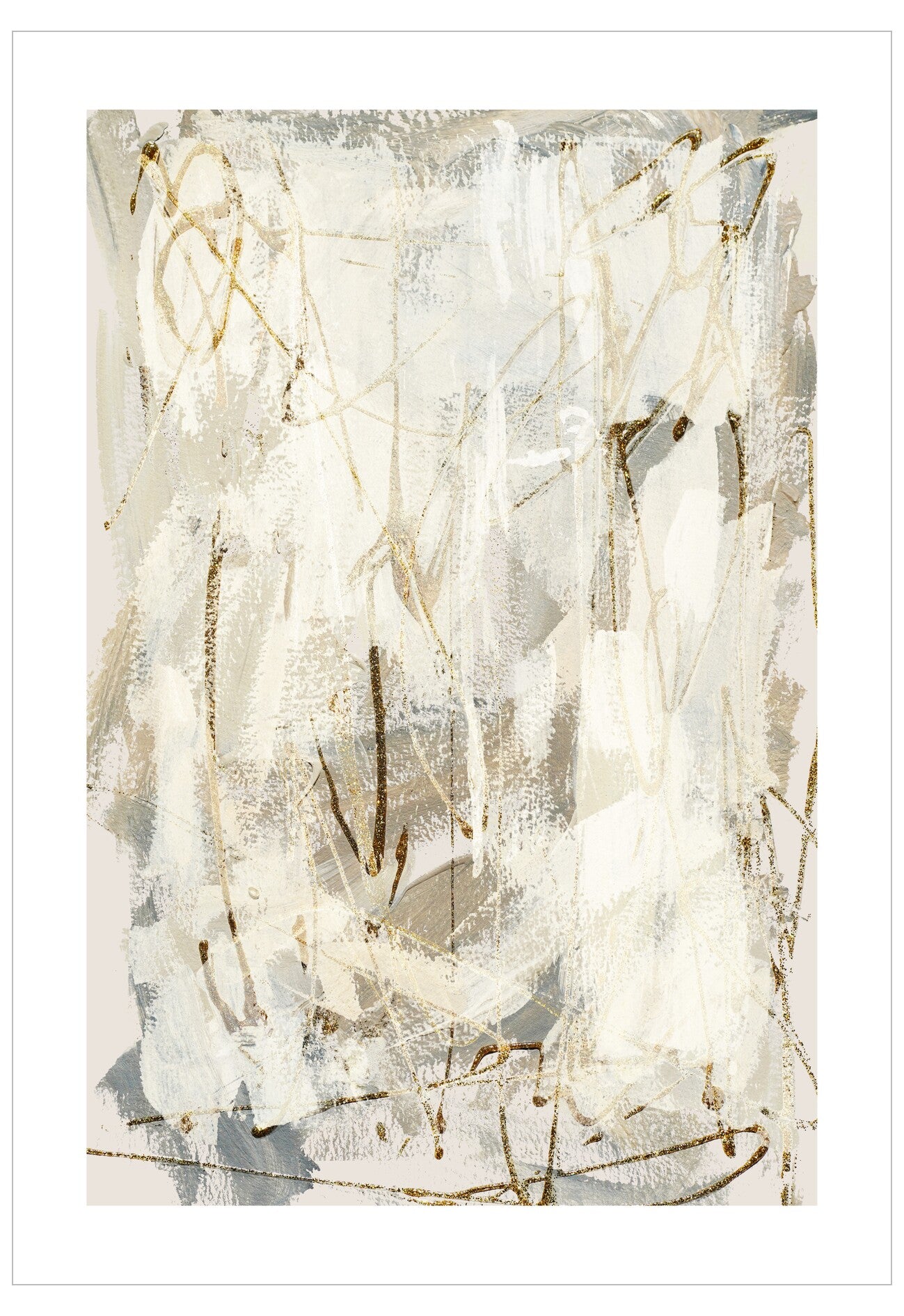Abstract art piece with white and gold brush strokes on a textured background