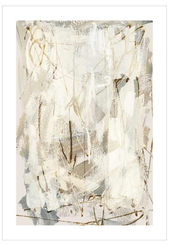 Abstract art piece with white and gold brush strokes on a textured background