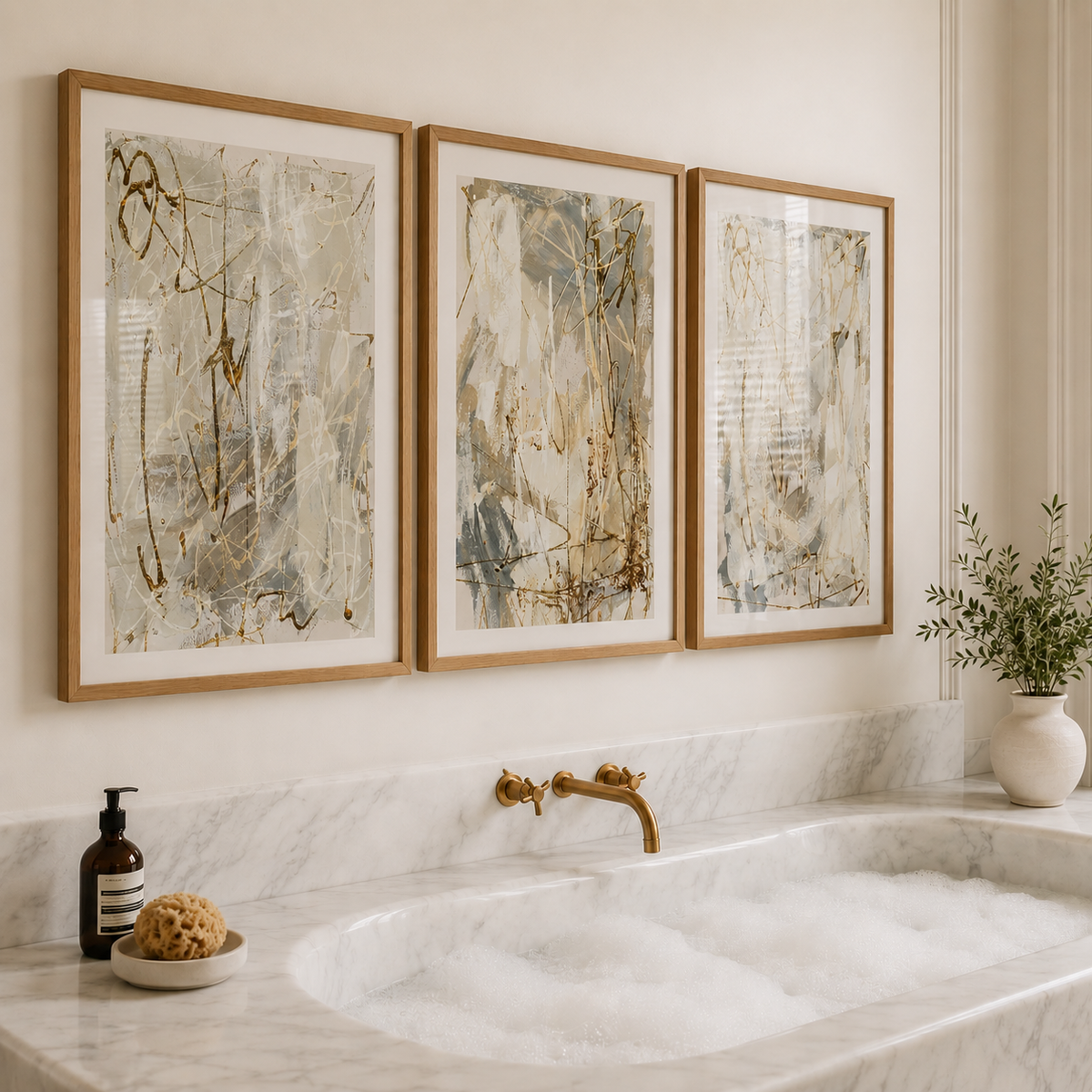 Bathroom with marble bathtub, abstract art on the wall, and a plant.