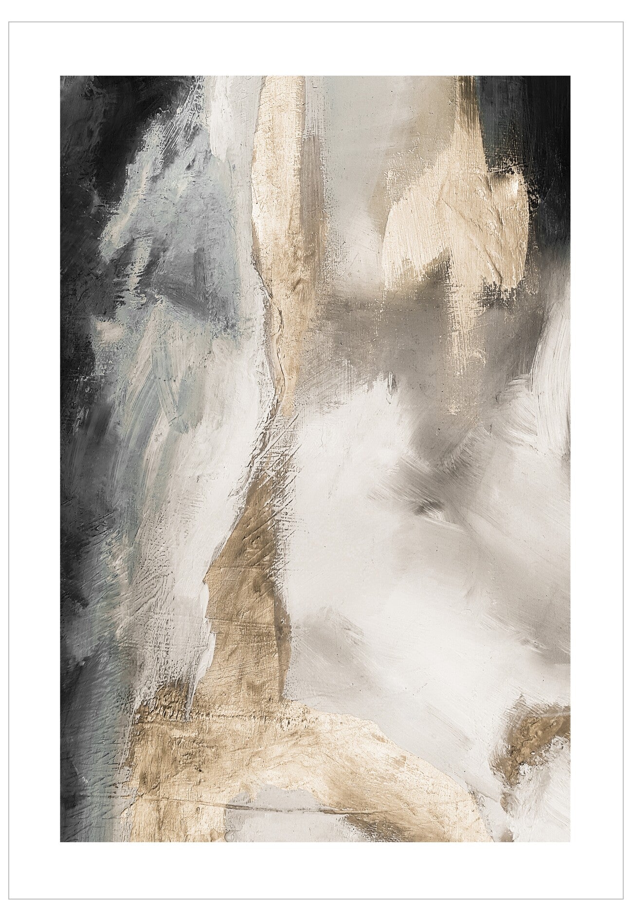 Abstract art print with shades of gray, beige, and white.