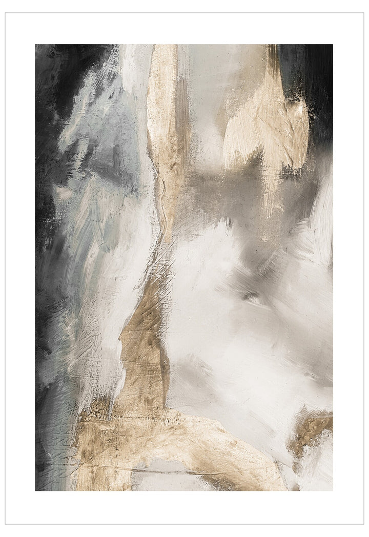 Abstract art print with shades of gray, beige, and white.