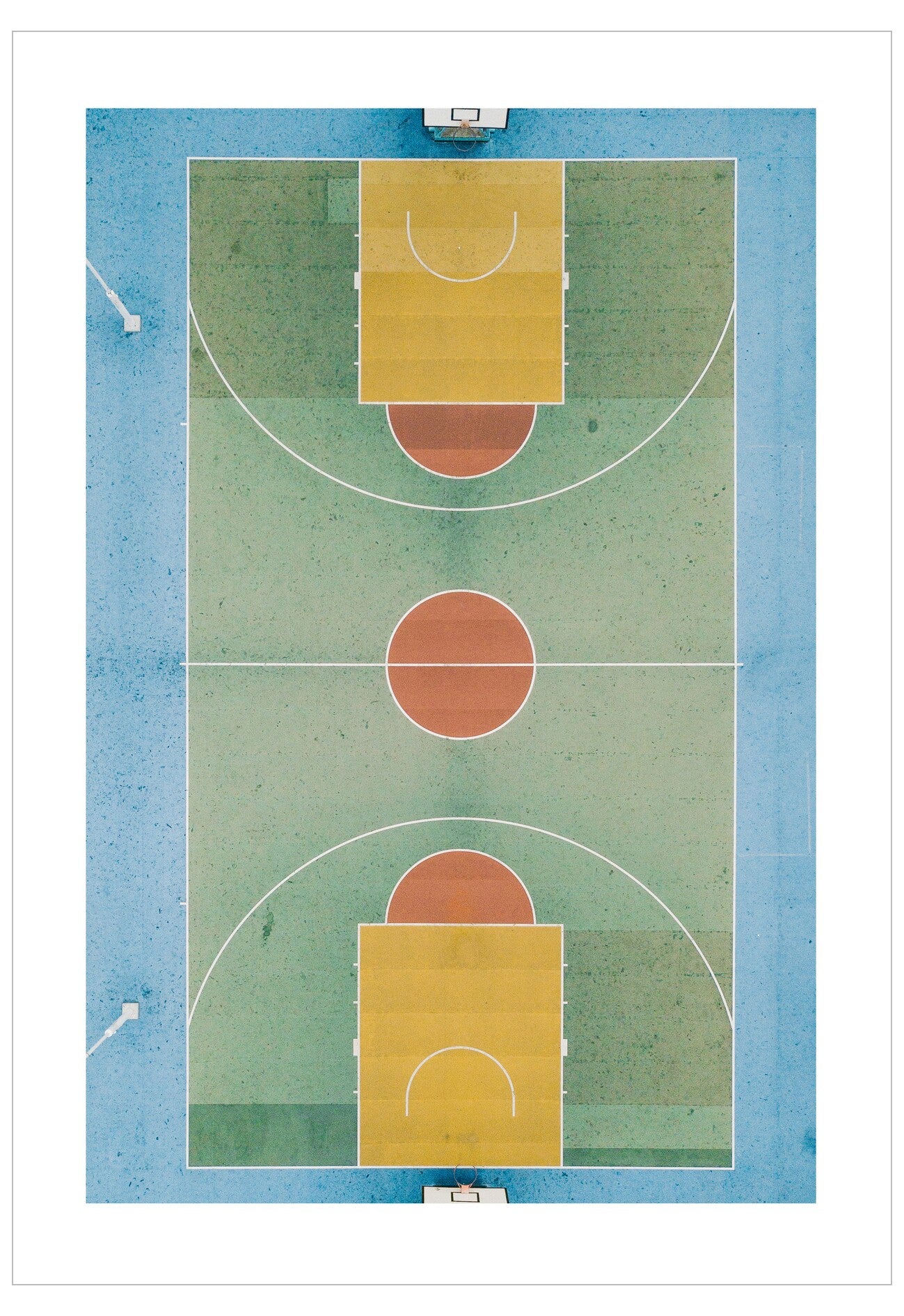 Artistic illustration of a basketball court with a blue border