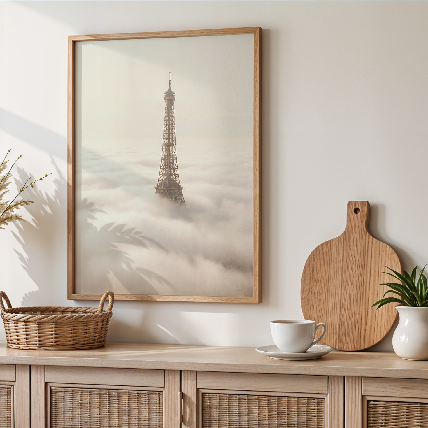Nest living room with a sideboard, framed picture of the Eiffel Tower, and decorative items.