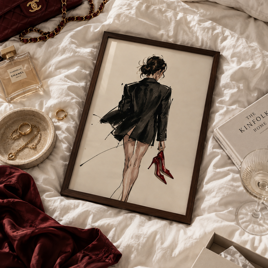 Fashion illustration of a woman from behind wearing a black blazer and holding a pair of red high heels, set against a plain off-white background.