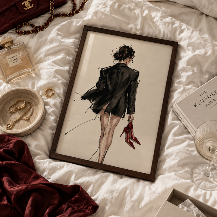 Fashion illustration of a woman from behind wearing a black blazer and holding a pair of red high heels, set against a plain off-white background.