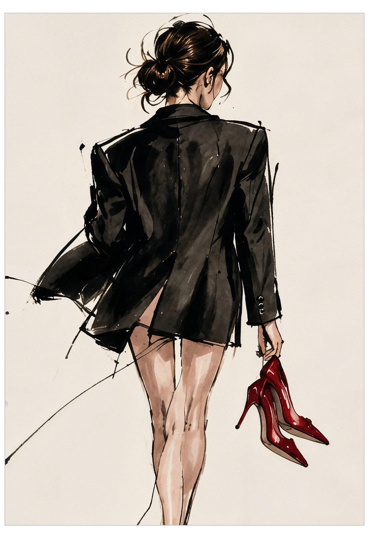 Fashion illustration of a woman from behind wearing a black blazer and holding a pair of red high heels, set against a plain off-white background.
