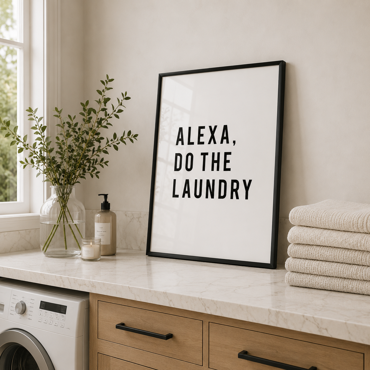 Framed print with 'ALEXA, DO THE LAUNDRY' text on a kitchen counter with laundry items.