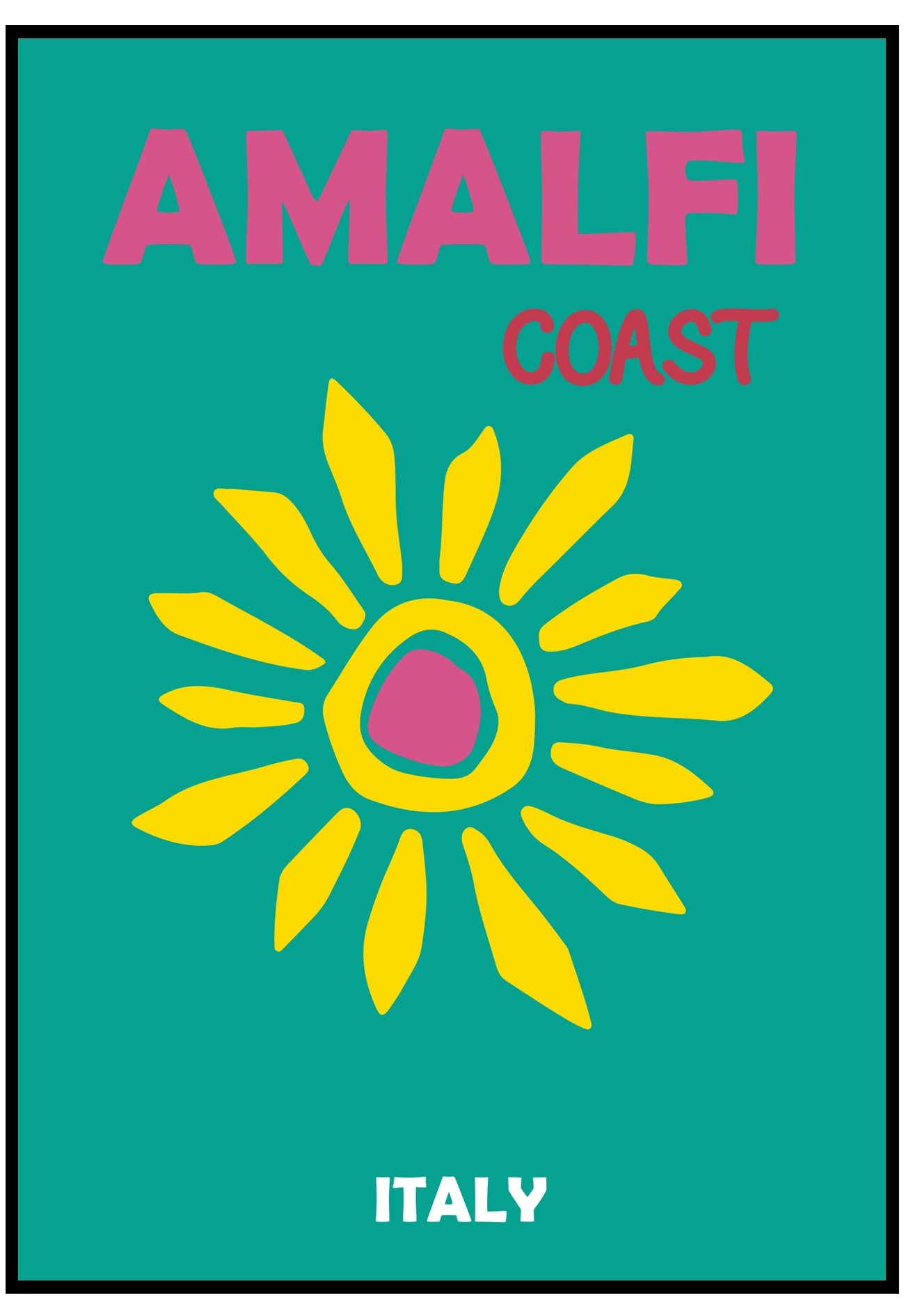 Poster with 'Amalfi Coast, Italy' text and a yellow sun design on a teal background