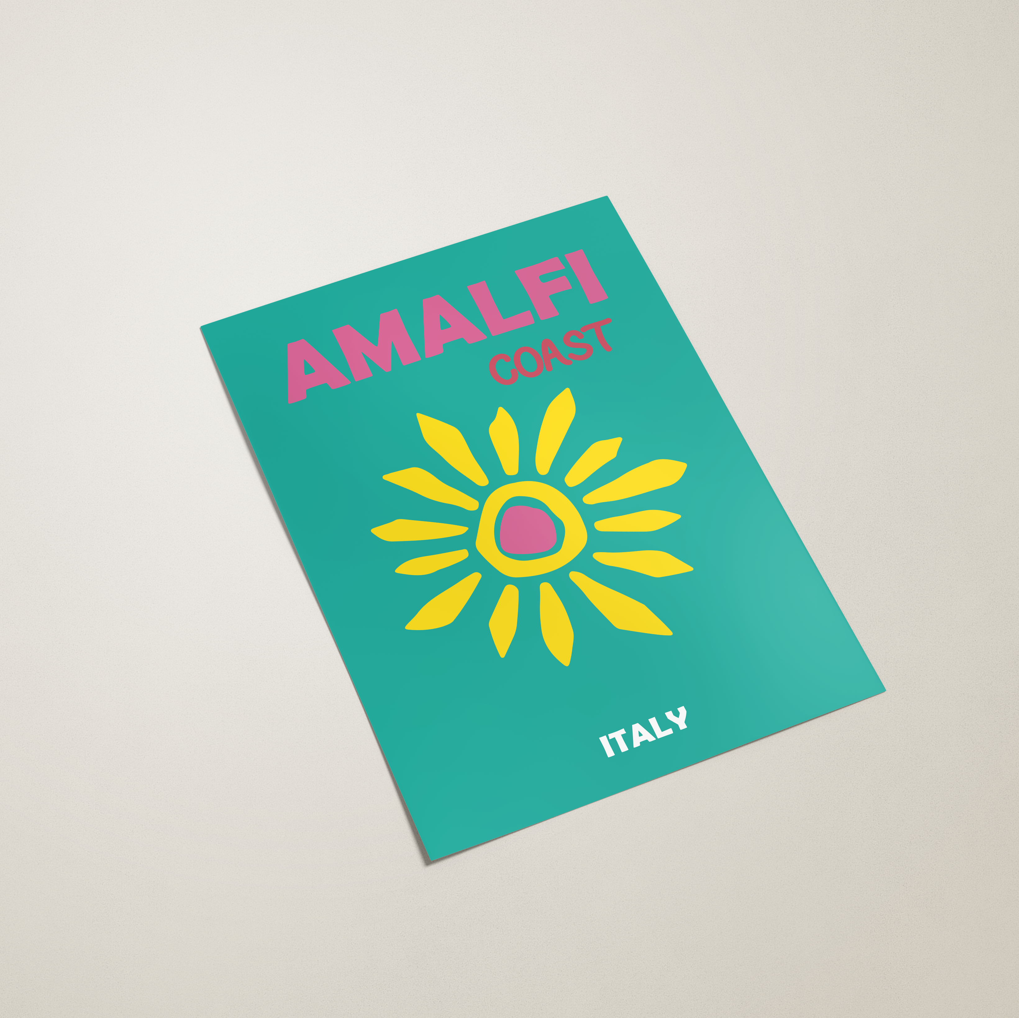 Teal poster with 'Amalfi Coast Italy' text and sun design on a beige background