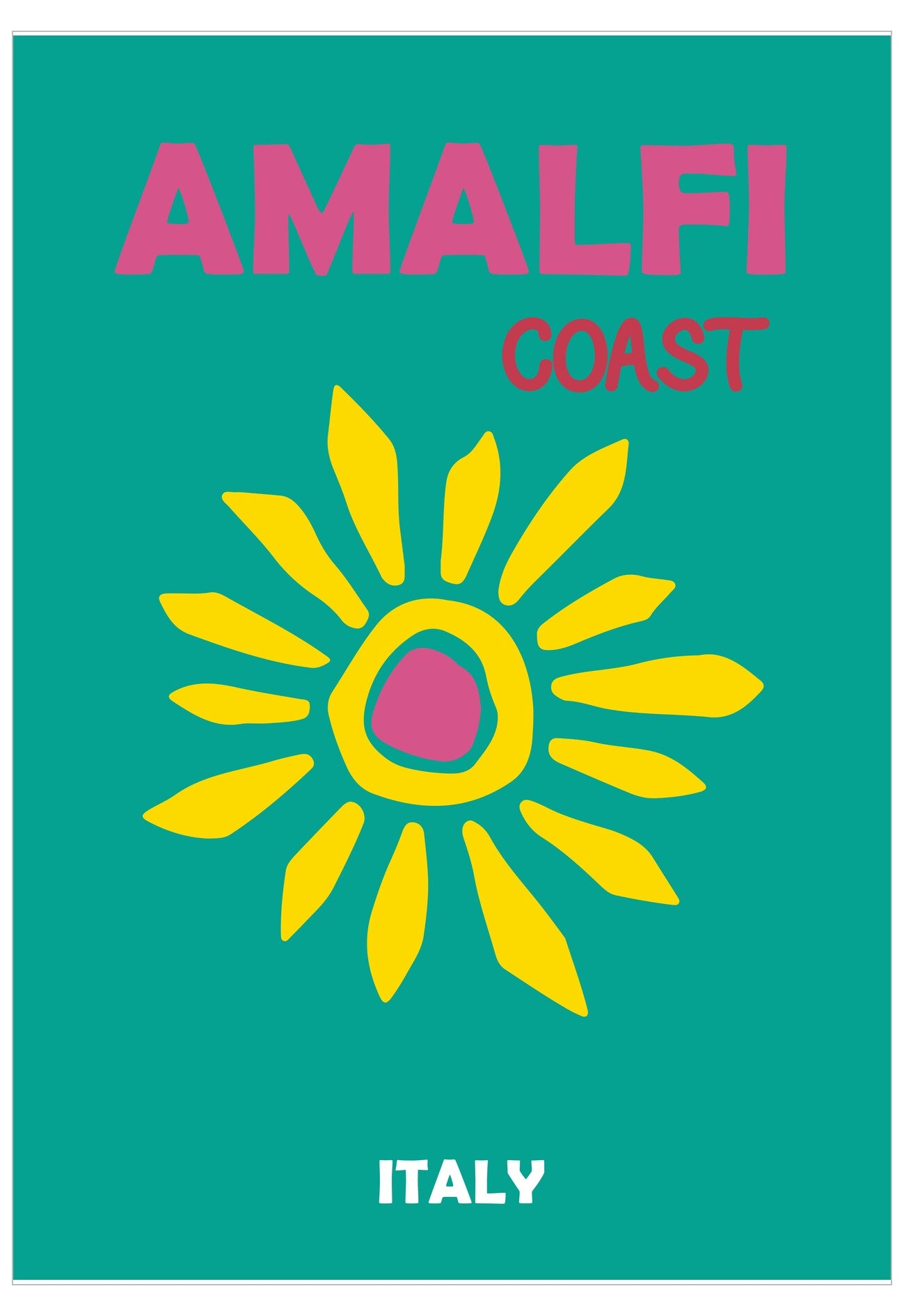 Poster with 'Amalfi Coast, Italy' text and a yellow sun graphic on a teal background