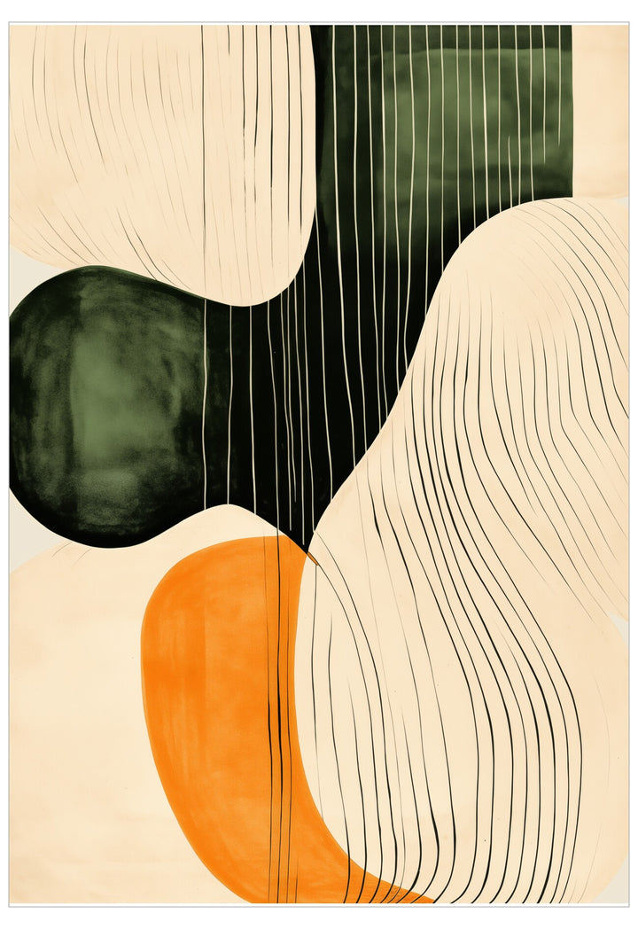 Abstract art with geometric shapes in green, orange, and beige on a beige background