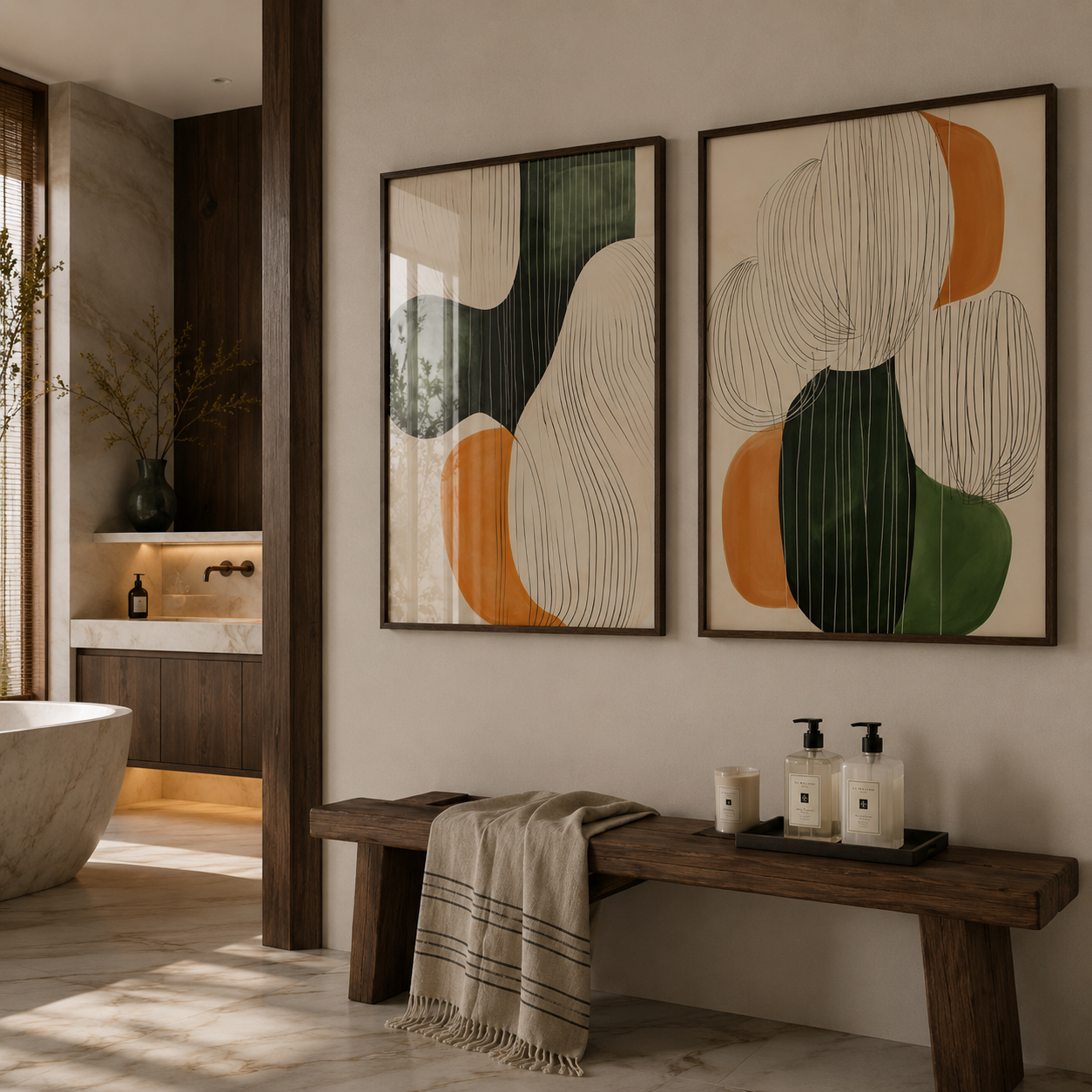 Bathroom interior with abstract wall art, wooden bench, and decorative items.