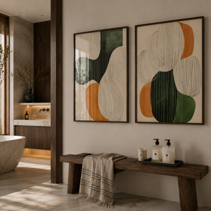 Bathroom interior with abstract wall art, wooden bench, and decorative items.