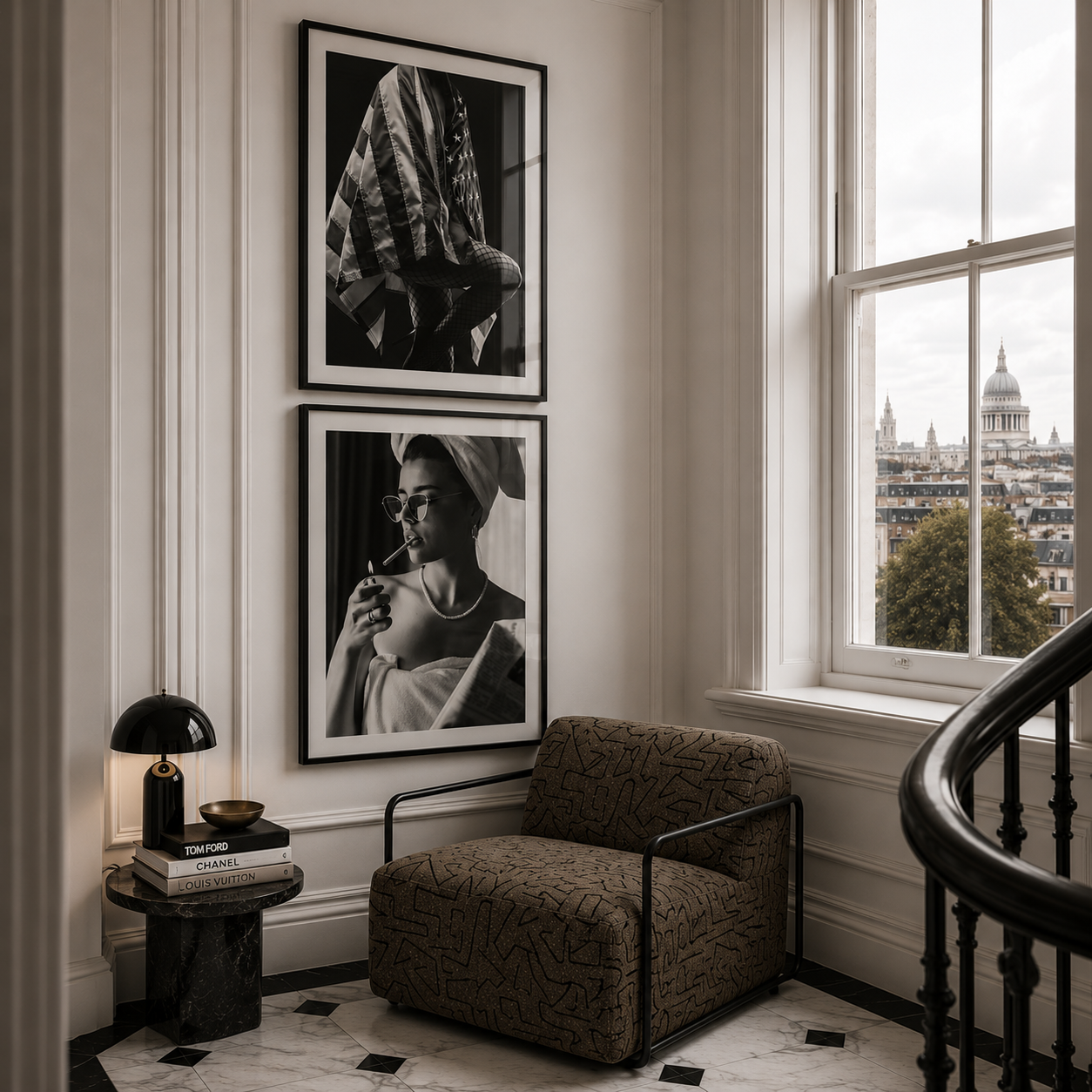 Modern interior with a brown armchair, side table, and framed pictures on a wall with a window view.