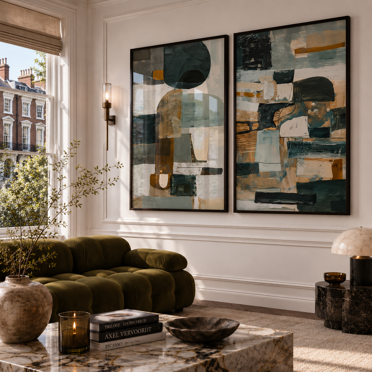 Modern living room with abstract art, green sofa, and decorative items.