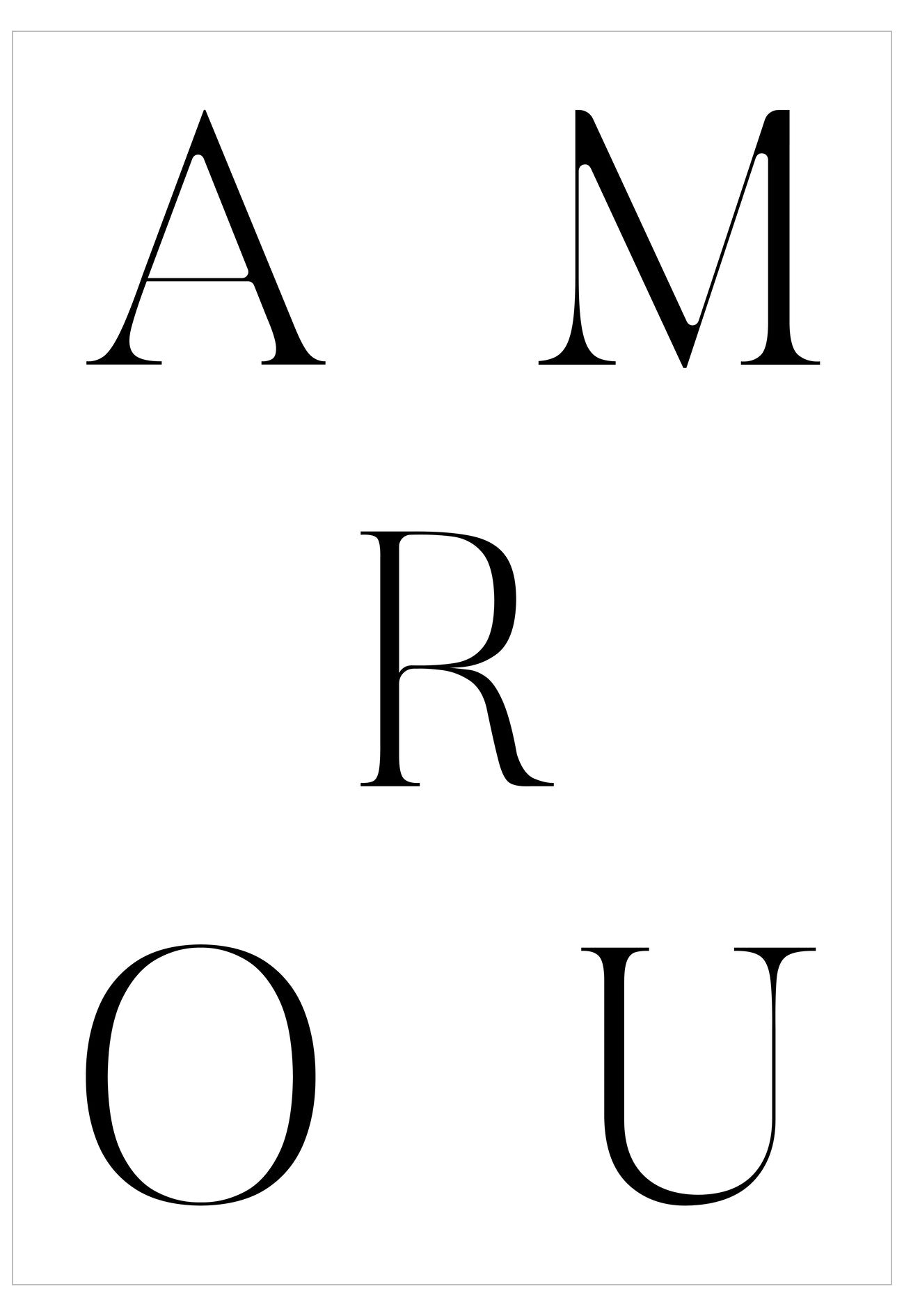 Black text spelling 'AMOUR' on a white background