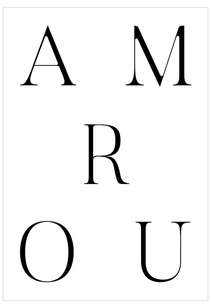 Black text spelling 'AMOUR' on a white background