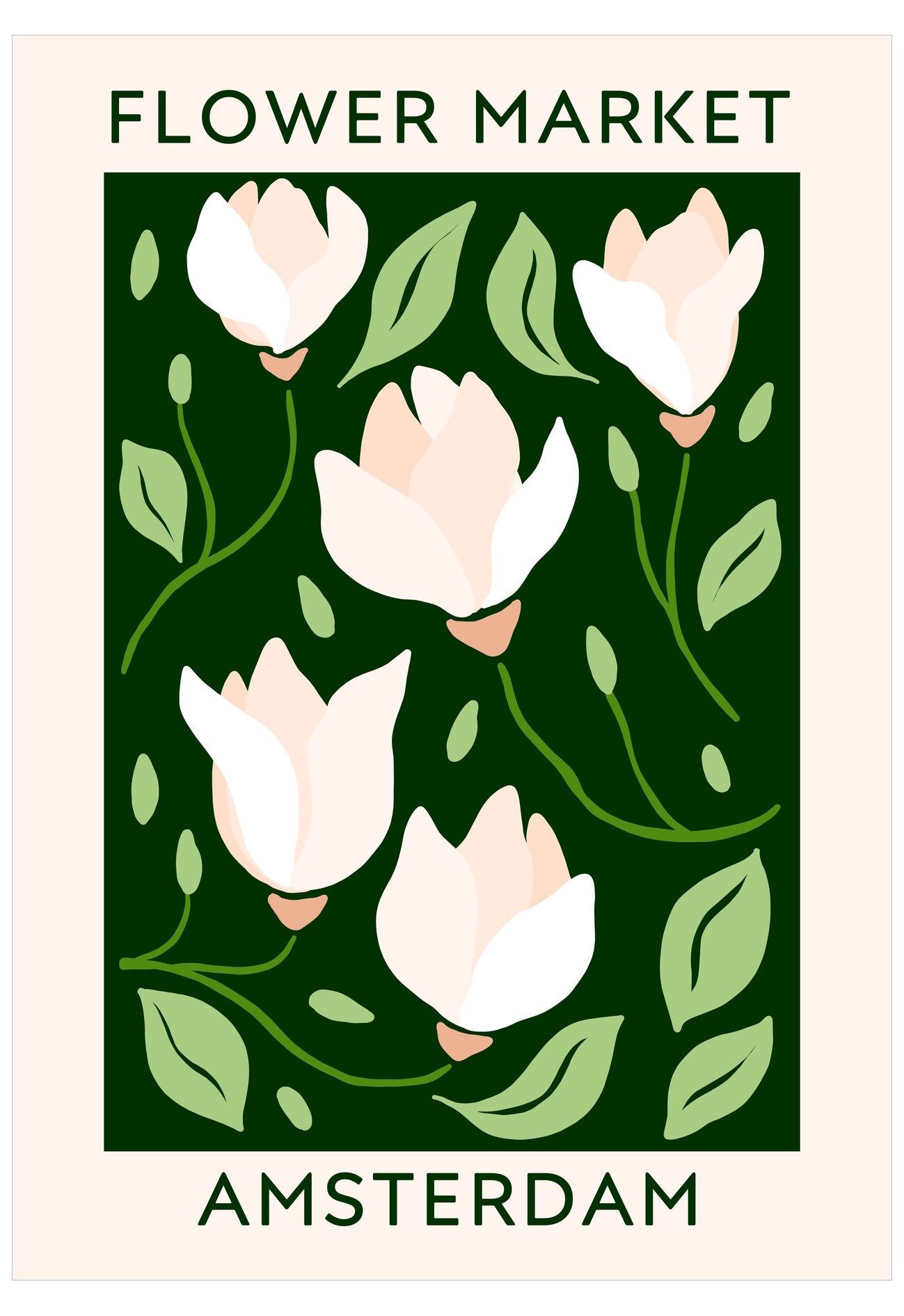 Floral design with white flowers and green leaves on a dark green background, featuring the text 'Flower Market Amsterdam'.
