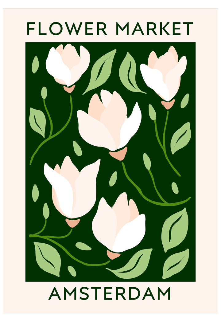 Floral design with white flowers and green leaves on a dark green background, featuring the text 'Flower Market Amsterdam'.