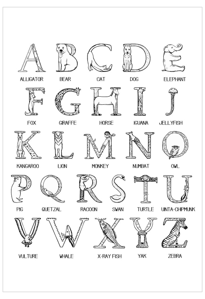 Alphabet chart with animal names and illustrations on a white background