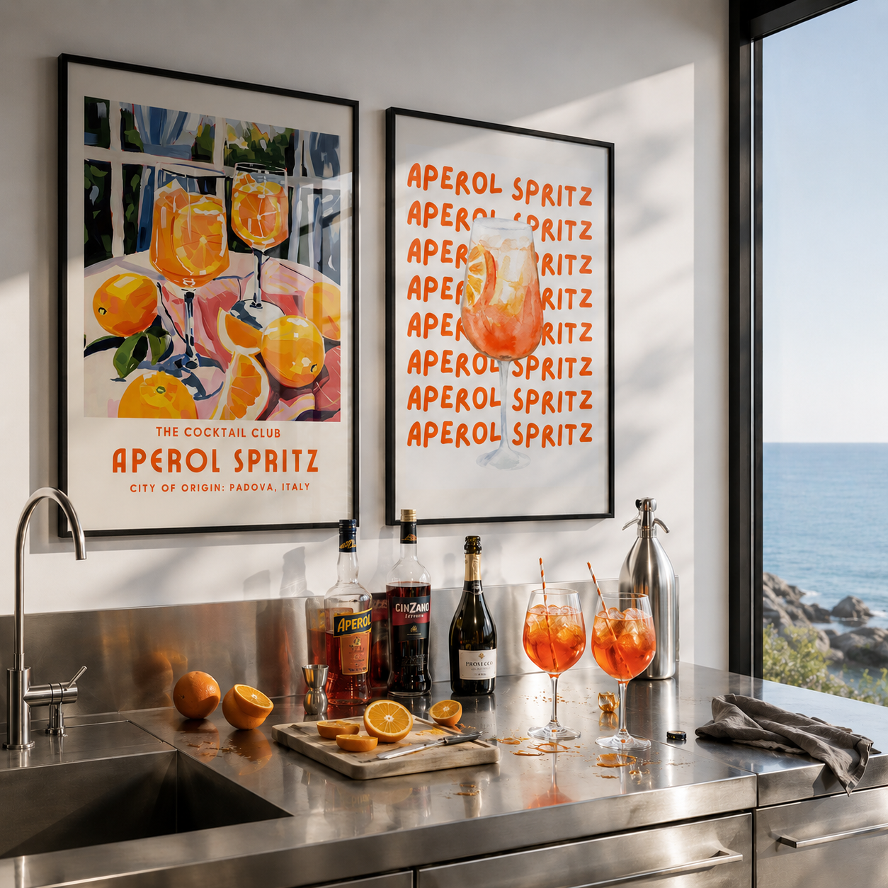 Cocktail bar setup with Aperol Spritz bottles and glasses, framed artwork on the wall.