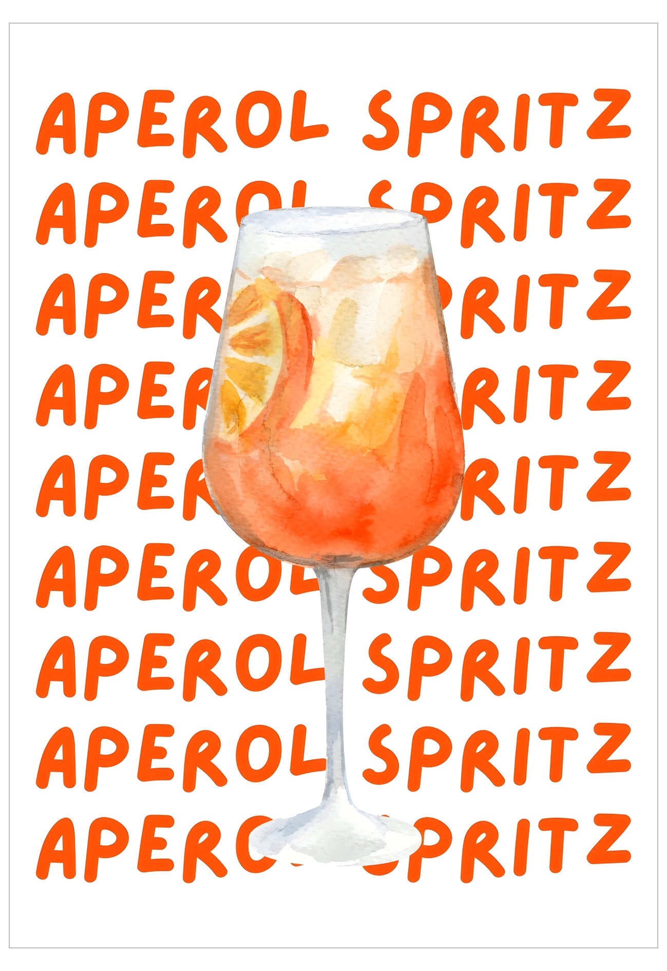 Glass of Aperol Spritz with repeated text on a white background