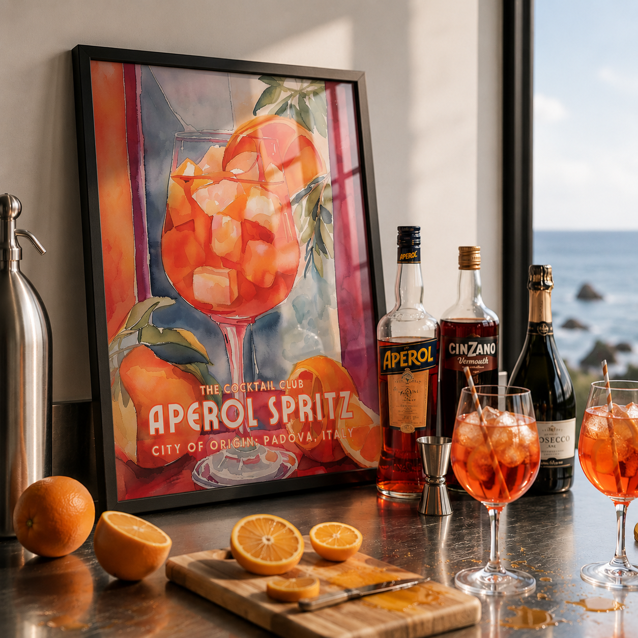Aperol Spritz setup with bottles, glasses, and a framed poster on a table.