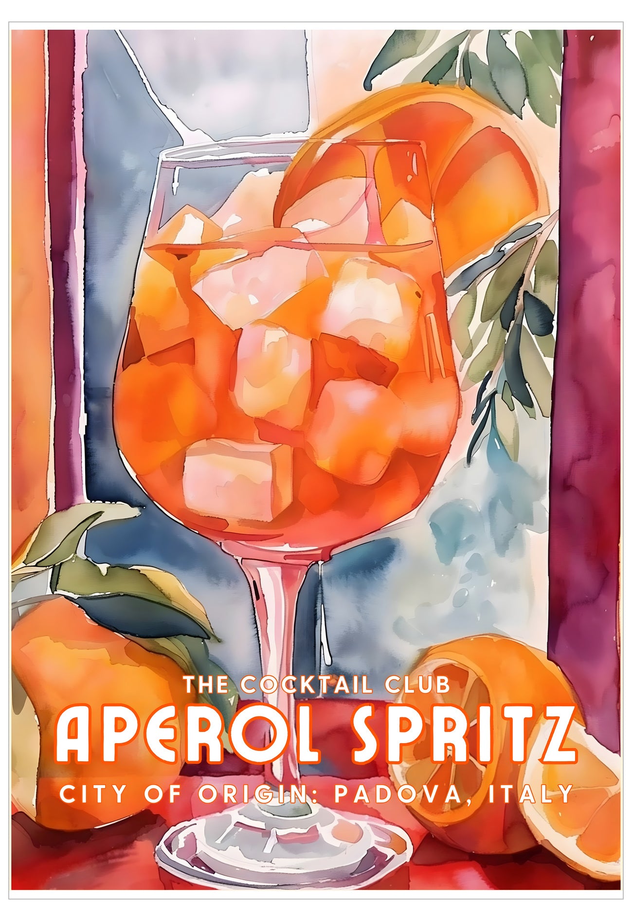 Illustration of an Aperol Spritz cocktail with oranges and ice cubes, labeled 'The Cocktail Club Aperol Spritz'.