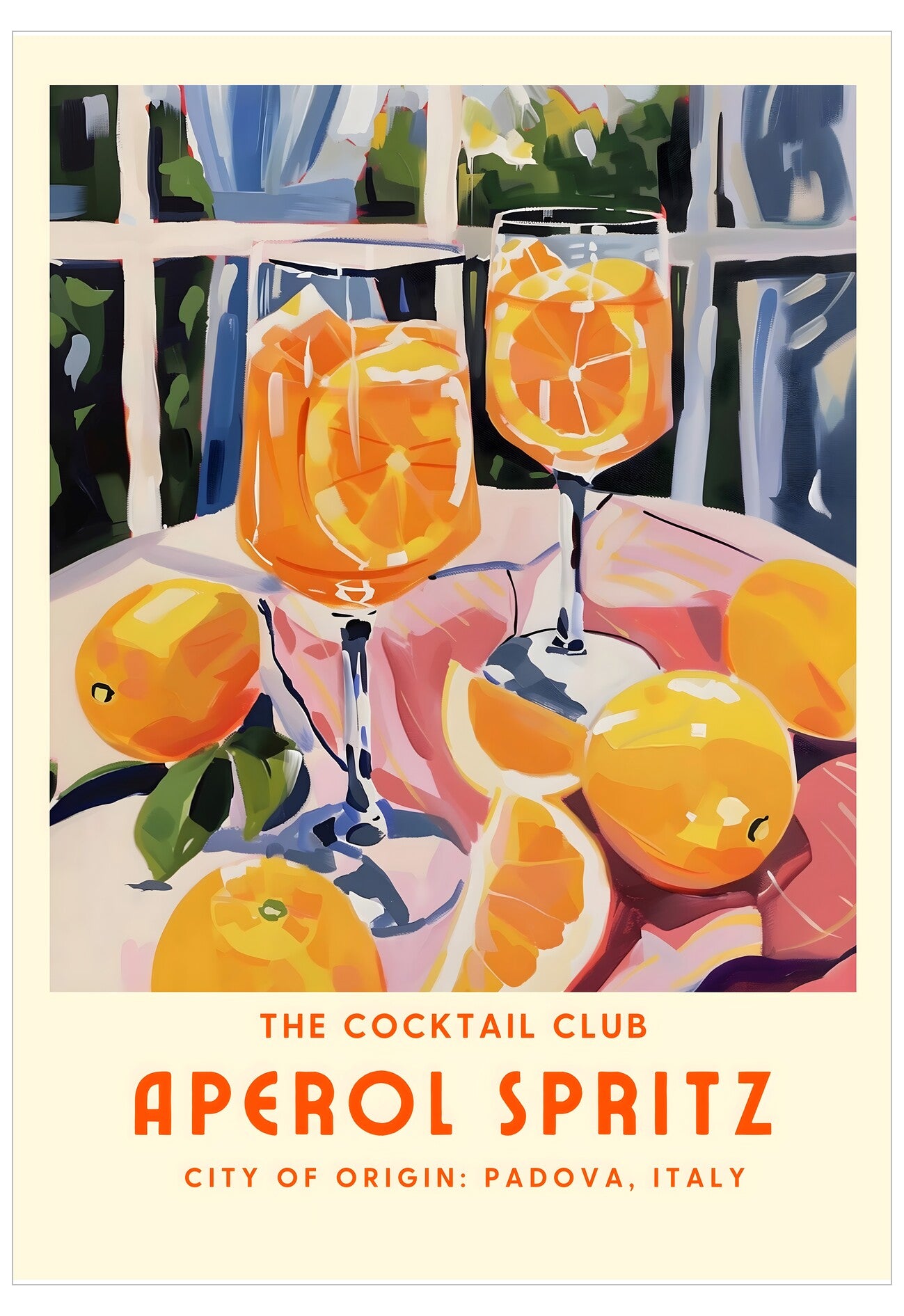 Poster for Aperol Spritz cocktail with glasses and oranges on a table.