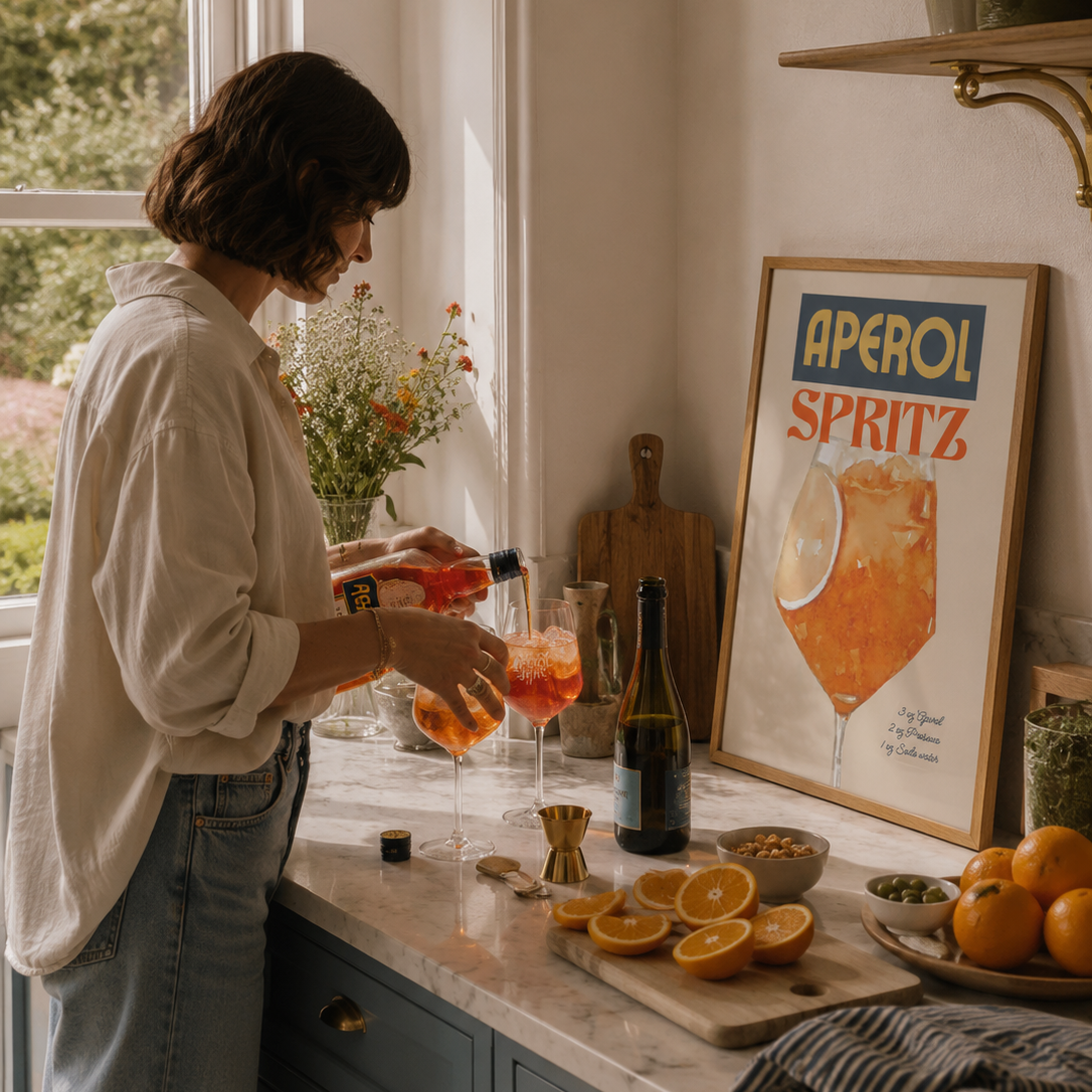 Aperol Spritz wall art in stylish kitchen