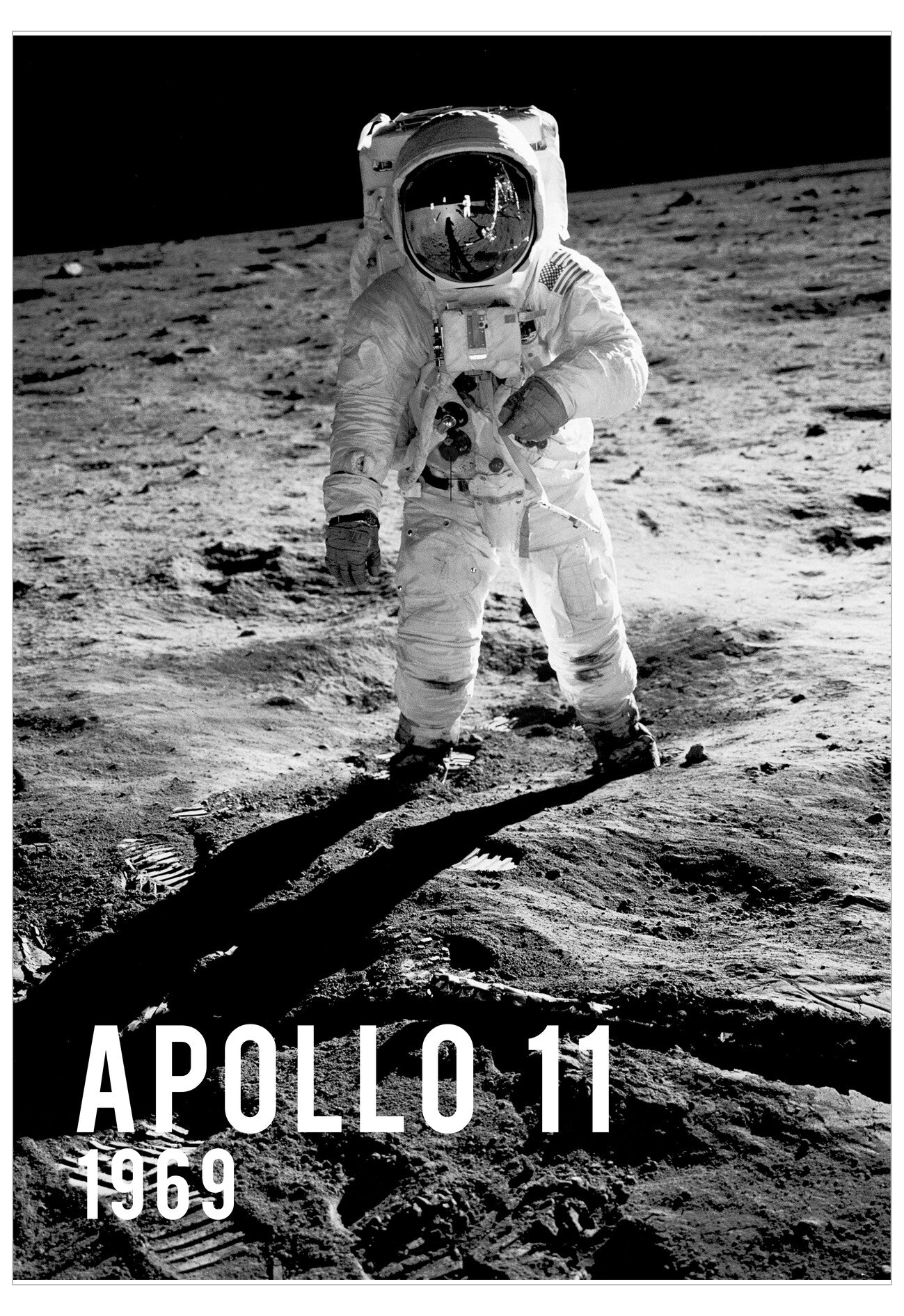 Apollo 11 astronaut on the moon with 'APOLLO 11 1969' text.