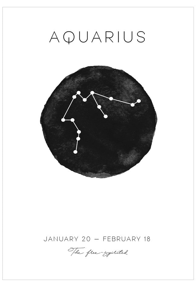 Aquarius zodiac constellation poster with black watercolor circle and white lines on a white background.