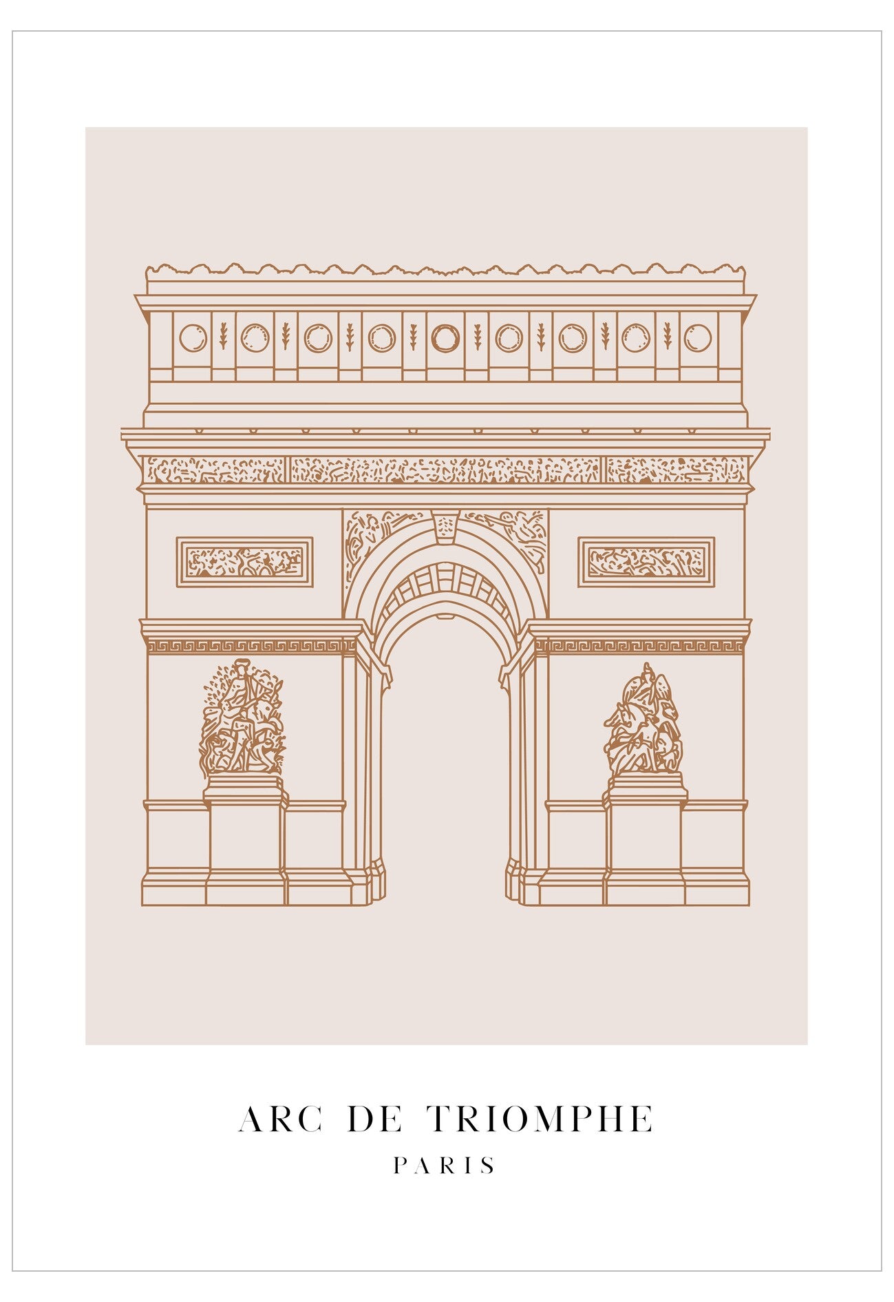 Illustration of the Arc de Triomphe with 'Arc de Triomphe Paris' text on a beige background