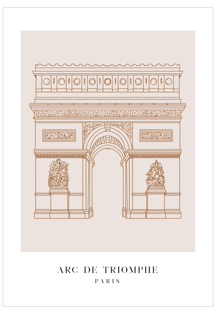 Illustration of the Arc de Triomphe with 'Arc de Triomphe Paris' text on a beige background