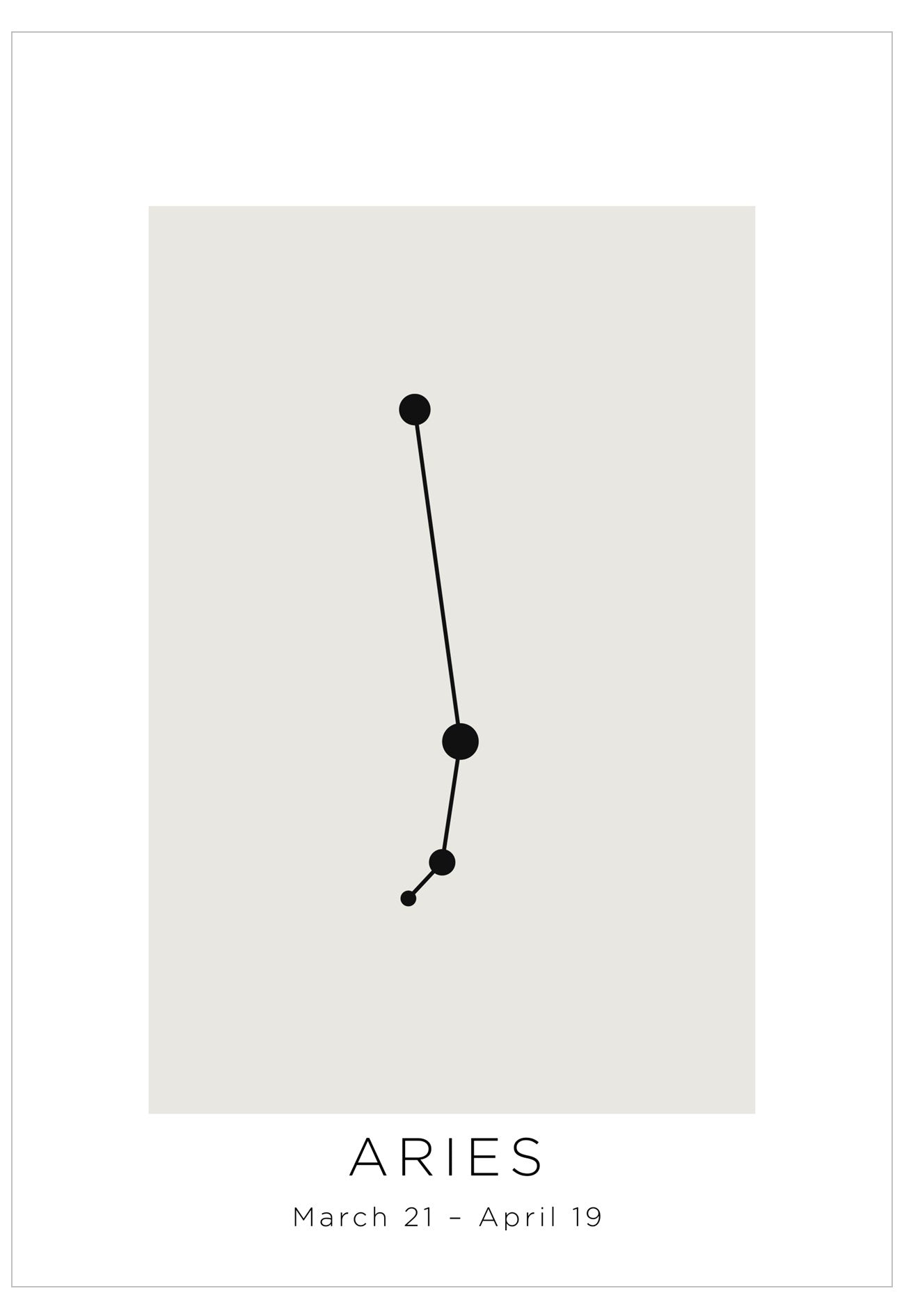 Minimalist illustration of the Aries constellation on a light gray background with 'ARIES' and date range text.