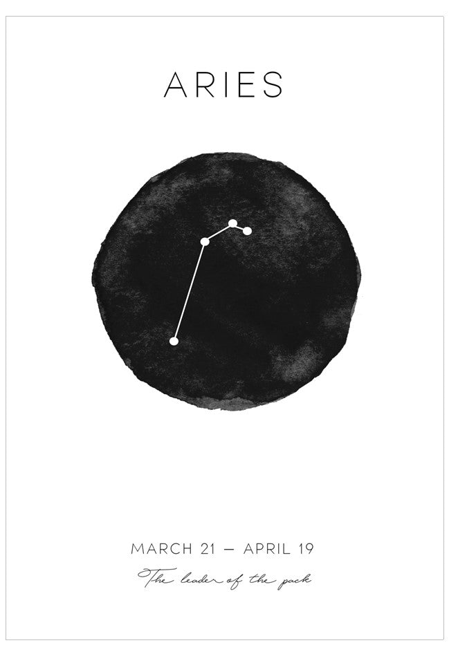 Aries astrological sign illustration with black circle and white lines on a white background