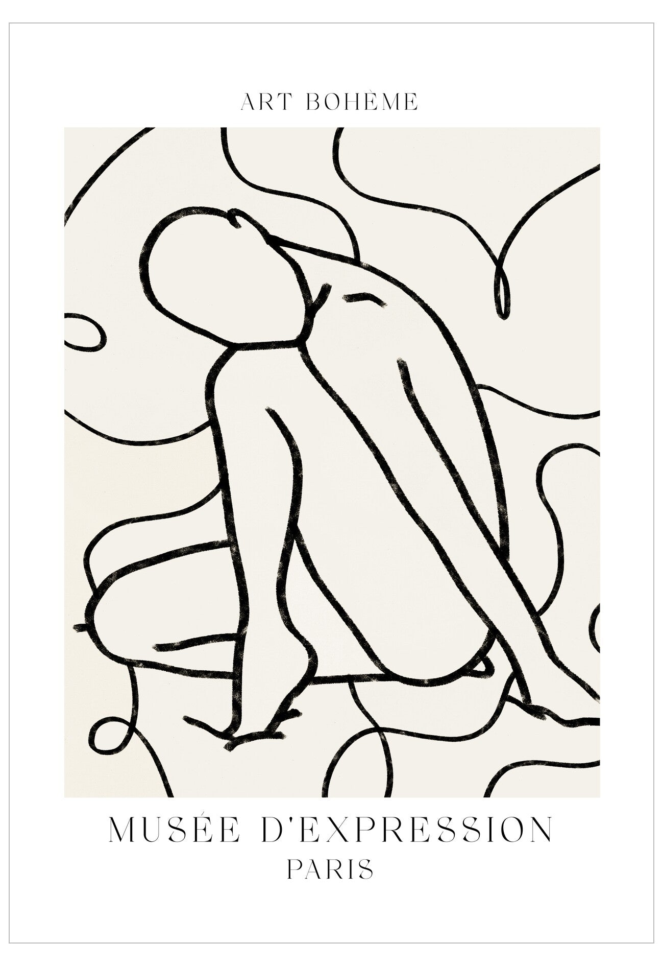 Artistic line drawing of a nude figure on a beige background with 'Art Bohème' and 'Museée d'Expression Paris' text.